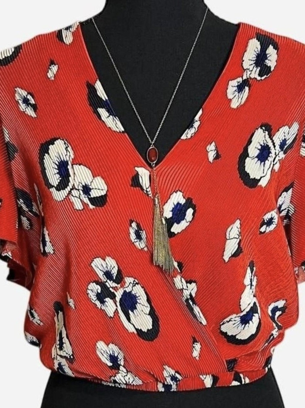 ASTR Red Floral V-Neck Wrap Blouse